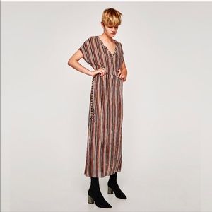 zara striped multi color dress knit v neck midi